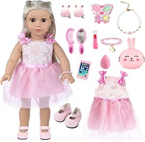 American 18 Inch Doll Clothes and Makeup Accessories Set Includes 18 Inch Doll Clothes Comb Mirror Eye Shadow Lipstick Bag Doll Jewelry Shoesetc for Girls 18" Makeup Doll
