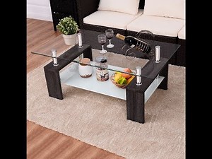 Costway Black Rectangular Tempered Glass Coffee Table Shelf Wood Living Room Furniture