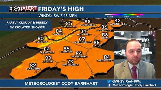 Sunshine and mid 80s today with an isolated shower, but minimal coverage. Scattered showers/storms after 2pm Saturday. Heavy downpours into the night/early Sunday morning. Upper 70s/low 80s Saturday, near 70 Sunday. Some late day sun & only a few showers. | WHSV - TV 3
