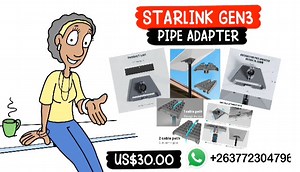 Fibreglas Starlink Gen3 V3 standard dish pipe adapter for pole mount 35-39mm. For only USD30.00 Also in stock. Gen3 Cable 100ft (30m) $90 Gen3 Cable 150ft (46m) $140 Gen2 Cable 100ft (30m) $90 Gen2 Cable 150ft (46m) $140 Stalink Gen 2 Ethernet Adapter $60 | Hwindi