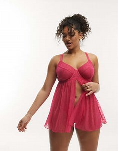 ASOS DESIGN Curve Minnie heart mesh underwire babydoll thong set in pink | ASOS