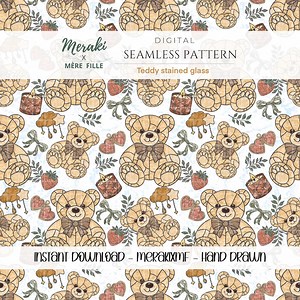 Teddy Stained Glass Seamless Pattern PNG Hand Drawn Digital Paper - Sublimation, Fabric & Surface Design Teddy Bear Bow Coquette Download - Etsy UK