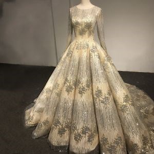 [Hot Item] Long Sleeves Bridal Gowns Glitter Lace Puffy Gold Red Silver Wedding Dresses Z2017