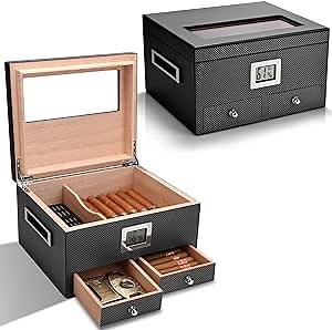CIGARLOONG Cigar Humidor Box for 35-50 Cigars, Glass Top Visible Natural Cedar Cigar Case with Front Hygrometer, Humidifier and Accessory Drawers, Gift for Men(Black)