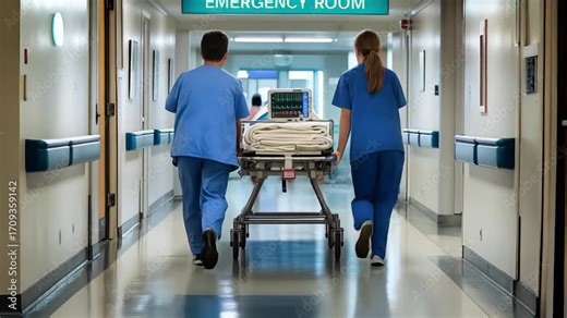 Emergency room staff rushing a patient on a gurney down a hospital corridor to the emergency room for immediate treatment