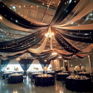 6 Panels Black Ceiling Drapes with Lights for Weddings Tent Draping 5ftx30ft Wedding Photo Backgrounds Sheer Curtains Tulle Ceiling Drapery Wedding Decorations for Party Ceremony Stage Swag