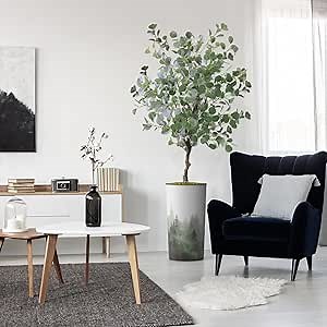 Artificial Tree in Green & Black Watercolor Forest Pine Planter, Fake Eucalyptus Silk Tree for Indoor and Outdoor Home Decoration - 66" Overall Tall (Plant Pot Plus Tree)