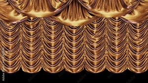 Realistic 3D animation of the luxurious and cozy textured golden metallic Austrian theater stage curtain rendered in UHD with alpha matte