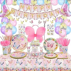 233 PCS Butterfly Party Decorations - Butterfly Balloons, Banner, Cake Topper, Fairy Wing, Tattoo, Stickers, Plates, Napkins, Cups, and Tablecloth for Girl Women Birthday Supplies, Serves 20 Guest