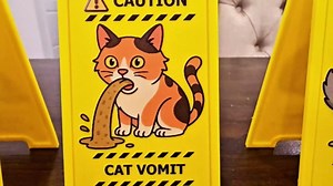 Cat Lover's Funny "Caution Cat Vomit" Desk Sign – (Over 15 Cat Breed Designs) Vivid 3D Printed Double-Sided Miniature Foldable Decor, Quirky Gag Gift, Unique Cat Breeds & Colors, Home & Office Humor, 4.88" Tall (British Shorthair)