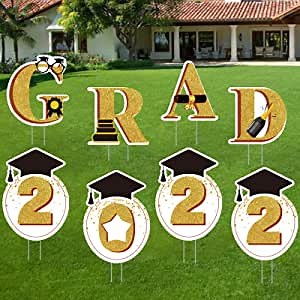 Graduation 2022 Decorations Yard Sign - 8PCS Black Gold GRAD 2022 Lawn Signs with Stakes for College Class of 2022 Graduation Decorations Outdoor, Congrats Graduation Party Favors Supplies