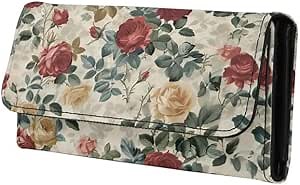 Vintage Roses Trifold Wallet for Women Retro Red Yellow Rose Flowers Long Clutch Extra Capacity Multi Card Slot Large Trifold Wallet With ID Window