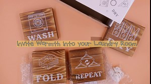Rustic Laundry Room Signs - Set of 4 Wood Laundry Room Wall Decor, 5.5 x 5.5 Inches - Wash, Dry, Fold, Repeat Wooden Wall Art in Gift Box - Vintage Farmhouse Accessories by Modern 5th