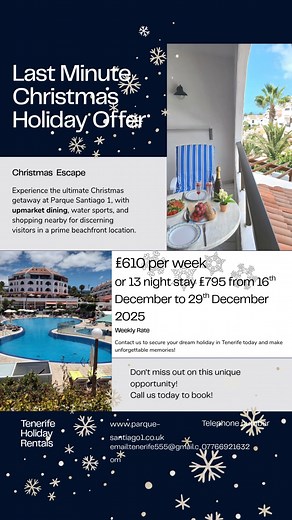 PARQUE SANTIAGO 1 SEAFRONT LOCATION STUDIO APARTMENT BOOK DIRECT WITH OWNER Escape to a stunning seafront location with our beautifully presented studio apartment in Parque Santiago 1, Playa de las Americas. 🎄🎄🎄🎄🎄🎄🎄🎄 Experience an unforgettable Christmas and New Year holiday in the sun-kissed paradise of Tenerife! Due to a last-minute cancellation, we are thrilled to offer you the opportunity to stay at the stunning beachfront complex, Parque Santiago 1. This charming studio apartment is