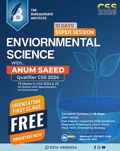 🌿 Score High in Environmental Science for CSS 2026 with Anum Saeed Fast-track your preparation — 10 Days Super Session for maximum output! Mentor: Anum Saeed ( CSS 2024 Qualifier, 75 Score in Environmental Science CSS 2024, CSS 2025) Starting From: 20th December Duration: 10 Days (Daily Classes) Time: 05:30 PM – 07:00 PM Mode: Online (Zoom) ➡ Fee: Rs. 5,000 Live Recorded Lectures 🌱 Environmental Science Super Session Includes: 🔸Complete syllabus in 10 Days 🔸Updated & exam-oriented content fo