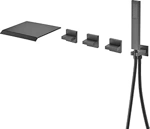 Wall Mount Waterfall Tub Filler Faucet with Hand Shower High Flow Matte Black Bathtub Faucet,SUMERAIN