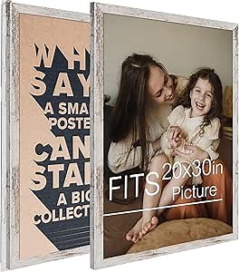 Frametory, 20x30 Poster Frame White Distressed Grain Style Frames for 30 by 20 Picture or Photo - Wide Moulding Design with Acrylic Glass - Wall Display Hanging(2 Pack)