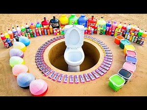Experiment Toilet in Glass Tank vs Balloons of Coca Cola, 7up, Fanta and Mentos Underground