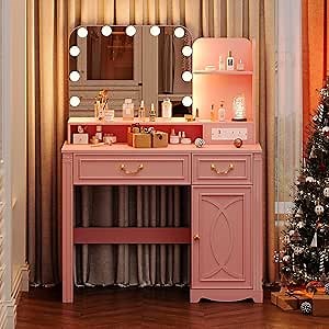 Makeup Vanity Desk with Lighted Mirror, 39.4 inch Vanity Table with Power Outlet, Bedroom Dressing Table, Adjustable Lights & 1 Cabinet 2 Drawers, Gifts for Teen Girls Women, Light Pink