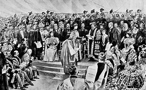 Edward VII, Prince of Wales receiving a degree at Oxford in England....