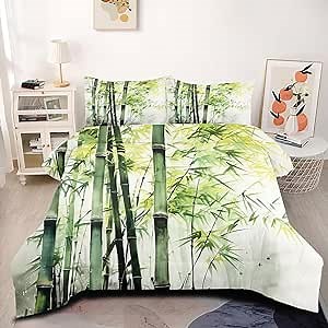 Menkala Bamboo Comforter Queen Size Green Leaves Summer Comforter Set Botanical Leaf Bedding Set Ink and Wash Chinese Style Comforters Chic Plants Modern Duvet Room Decor for Adult Boys Teen Girls