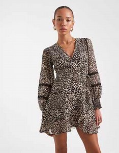 Wednesday's Girl wrap detail smudge leopard print mini dress in brown | ASOS