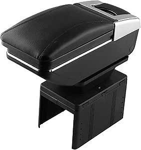 Armrest Box Front Center Console Extensible Rotatable Black Leather for Universal Car