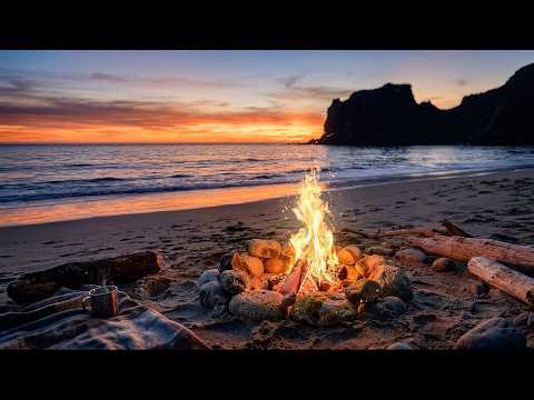 Sunset Beach Campfire 🔥 Soothing Fire Crackle & Gentle Waves | 10 Hours 4K