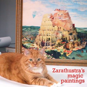 9.4K views · 94 reactions | Zarathustra the Cat has magic paintings like in Harry Potter books but in real life! They are lenticular prints, made in complicated technology that gives the ability to change or move image as the piece is viewed from different angles. Friends from Singapore have a chance to see the artworks in Art Porters gallery | Fat Cat Art | Facebook