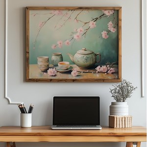 Printable Japanese Tea Set Still Life - Vintage Oil Painting Art, Cherry Blossom Decor, Asian Inspired Wall Decor, Elegant Spring Art 462 - Etsy