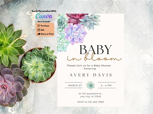 Baby in Bloom Baby Shower Invitation, Succulent Theme Invites, Cute Baby Shower Invitations, Floral Invitation, Cactus Baby Shower - Etsy Australia