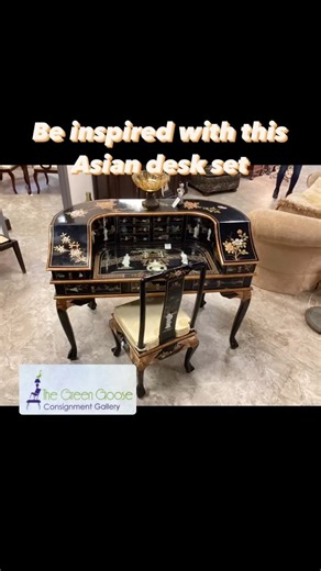 Be inspired with this Asian Black Lacquer Desk Set with Matching Chair ➡️$750.00. #consignment #consign #webstergrovesmo #desk #office #asian #writingdesk #inspired #stl | Green Goose Consignment Gallery