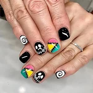 Cute Skull Press on Nails for Halloween, Nightmare Before Christmas Theme Jack Skelington and Sally, Square Cosplay Stick on Nails, Black Yellow Pink White False Nails 12 sizes, 24 pieces EALGA-ST081