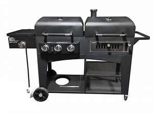 [Hot Item] Easily Cleaned Black Charcoal Smoker and Gas Combo Grill with Table Side