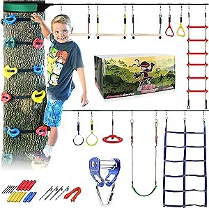 Ninja Warrior Obstacle Course for Kids Backyard 60FT Line with Tree Climbing Holds, Slider Pulley, Swing, Ladder, Net, Slackline, Wheel, Rings, Bars, 18 Attachments, Largest Ninja Course Play Kit