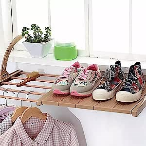 HangHover Clothes Drying Rack for Outdoor or Indoor - Folding & Retractable Laundry Hanger, Dryer for Hanging Clothing, Towel, & Shoes - Ideal for Balcony or Door Mount - Medium (20-32"x14"), Brown