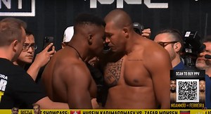 Francis Ngannou dwarfed by 6ft 8in giant as they butt heads after weighing in at monstrous 500lbs combined weight for PFL heavyweight title fight
