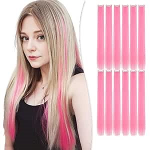 Colored Clip in Hair Extensions 24 Inch Rainbow Hair Synthetic straight Hair Extensions for Women Girls Kids Gift Multi-Colors Party Hairpiece Cosplay Pink