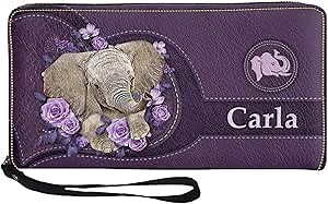 Yreiwoby Purple Flower Elephant Design Custom Name Wallets for Women Zip Around Long Wallet Leather Clutch Purse with Card Holder RFID Blocking Billfold Special Gifts for Wife Girlfriend at Amazon Women’s Clothing store