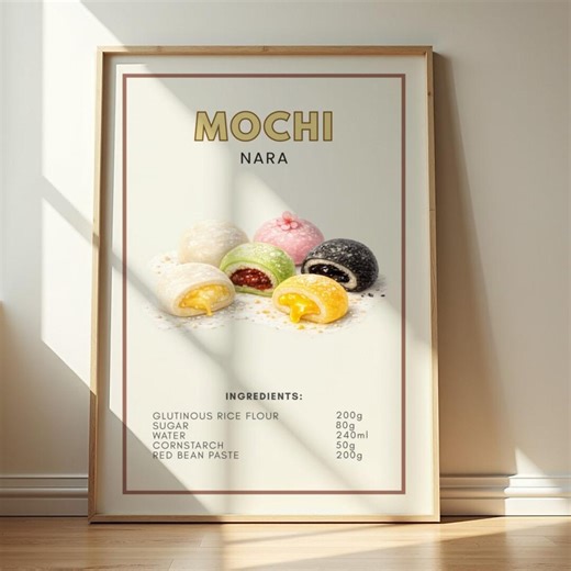 Mochi Poster - Japanese Dessert Recipe Print, Traditional Japanese Sweet Kitchen Wall Art, Asian Rice Cake Illustration
