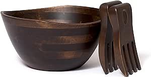 Lipper International Walnut Finish Large Wavy Rim Bowl with Salad Hands