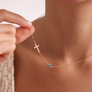 Sideways Cross With Birthstone Necklace in Gold,dainty Gemstone Cross Necklace, Christian Gifts for Women, First Communion,personalized Gift - Etsy Australia