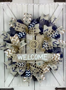 Artisan Beach, Coastal, Nautical Wreath for Front Door, Navy & Tan Plaid, Welcome Ships Wheel