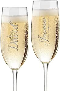 Personalized Custom Vertical Your Name Laser Engraved Champagne Flute Glasses 8 oz. with Box, Customizable Gift for Wedding (Set of 2)
