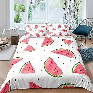 Feelyou Watermelon Duvet Cover Set Kids Boys Girls Delicious Fruit Print Bedding Set Watermelon Seeds Comforter Cover Cool Summer Bedspread Cover,Room Decor 3Pcs Bedding Queen Size