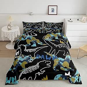 Dinosaur Silhouette Comforter Set Twin, Cartoon Primitive Animals Bedding Set, Watercolor Graffiti Art Quilt Set 2 Pcs for Kids Teens Adults Room Decor,Black White Duvet Insert with 1 Pillowcase