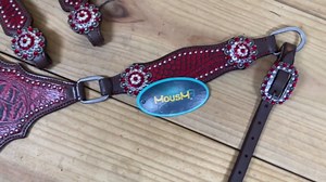 Western Leather Headstall and Breast Collar Tack Set with Red Alligator Print, Silver Studs, and Red-White Berry Conchos