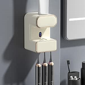 Automatic Toothpaste Dispenser,Toothpaste Squeezer Electric Automatic Sensor Wall-Mounted Bathroom Toothpaste Dispenser with 3 Toothpaste Slots,for Kids and Adults Beige