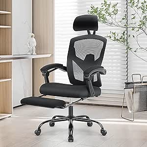 Ergonomic Office Chair with Wheels, Computer Desk Seat with Adjustable Headrest Lumbar Support Soft Armrest