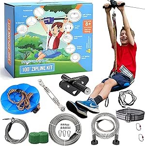 Amazon.com: Zip Line Kit for Kids and Adults, 100/120 / 150/200 ft, Up to 350 Lbs, Rustproof Stainless Steel, Quick Setup with Ratchet, Safety Harness, Backyard Adventure Fun Includes Climbing Holds : Toys & Games